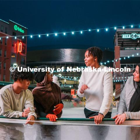 Students skating at the Railyard Rink. Ice skating in the Haymarket. For About Lincoln website. For About Lincoln website. December 12, 2023. Photo by Matthew Strasburger / University Communication.