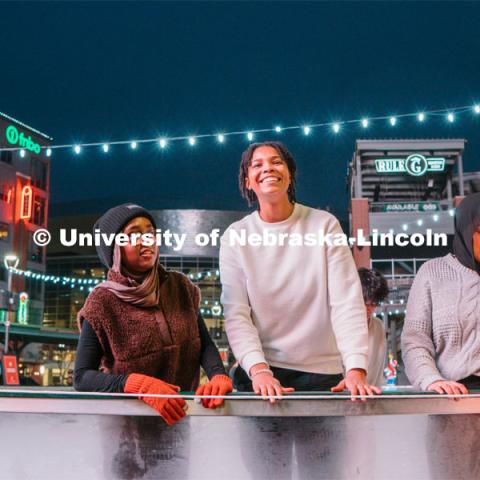 Students skating at the Railyard Rink. Ice skating in the Haymarket. For About Lincoln website. For About Lincoln website. December 12, 2023. Photo by Matthew Strasburger / University Communication.