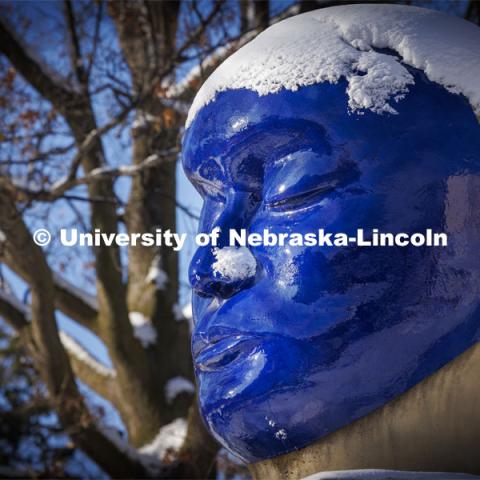Snow cap on the Jun Kaneko sculpture. Snow on city campus. January 9, 2024. Photo by Craig Chandler / University Communication and Marketing.