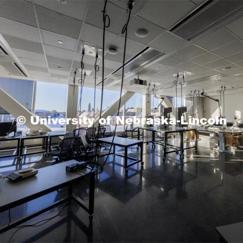 A robotics lab with a view. Kiewit Hall. January 16, 2024. Photo by Craig Chandler / University Communication and Marketing.