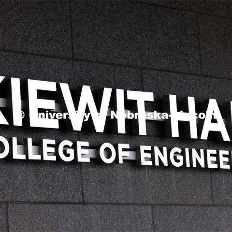 Kiewitt Hall College of Engineering sign. First day of classes in Kiewit Hall. January 22, 2024. Photo by Craig Chandler / University Communication and Marketing.