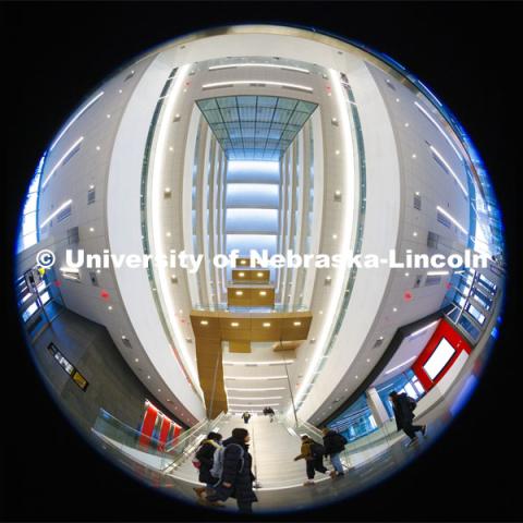 Fisheye view of the atrium inside of Kiewit Hall. January 25, 2024. Photo by Craig Chandler / University Communication and Marketing.