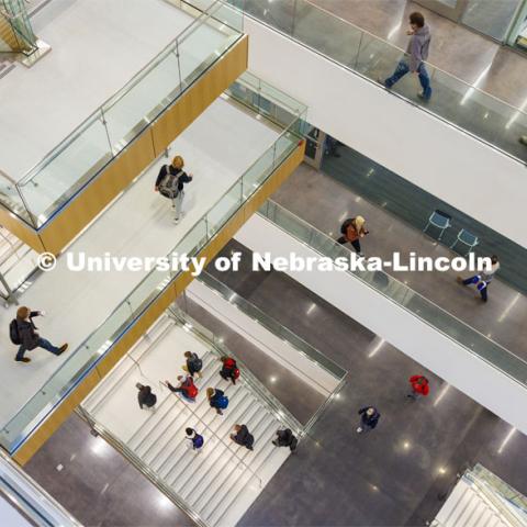 High angle view looking down in the atrium of the inside of Kiewit Hall. January 25, 2024. Photo by Craig Chandler / University Communication and Marketing.