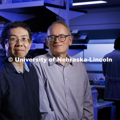 Jiantao Guo (left), professor of chemistry and director of the Nebraska Center for Integrated Biomolecular Communication (NCIBC), and Janos Zempleni, Willa Cather Professor of molecular nutrition and director of the Nebraska Center for the Prevention of Obesity Diseases (NPOD), were selected as Phase 1 winners in the National Institutes of Health’s (NIH) Targeted Genome Editor Delivery Challenge. With their $25,000 prize, they will advance development of universal milk exosomes — natural nanoparticles contained in milk — capable of transporting gene editors to any location in the body. January 31, 2024. Photo by Craig Chandler / University Communication and Marketing.