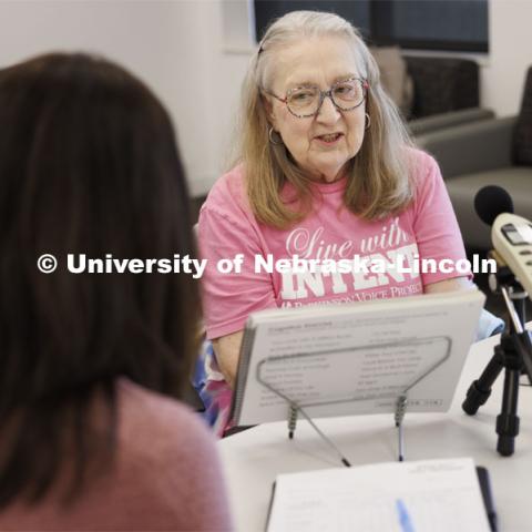 Rhonda Heiserman of Lincoln reads out loud during her clinic session. The instrument measures the decibels of Heiserman’s speech. Parkinson Voice Project. February 6, 2024. Photo by Craig Chandler / University Communication and Marketing.