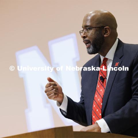 Chancellor Rodney Bennett delivers his vision to an assembled group of deans and directors in the Nebraska Union auditorium. He and the vice chancellors then answered questions for approximately 45 minutes. Charter Day. February 15, 2024. Photo by Craig Chandler / University Communication and Marketing.