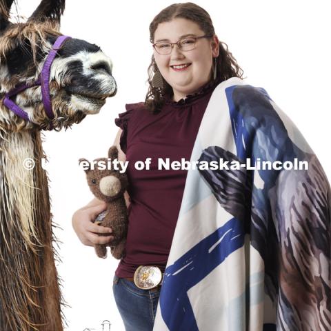 Emma Schmidt, Engler Agribusiness Entrepreneur with her llama, Picasso. April 19, 2024. Photo by Craig Chandler / University Communication and Marketing.