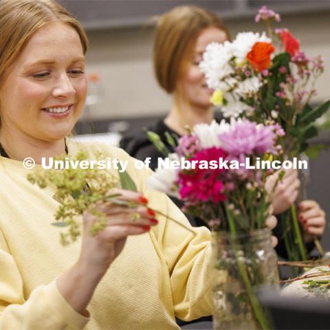 Sadie Jarecke, a junior Ag Leadership student designs her bouquet in PLAS 261 - Floral Design I in the Plant Science Building. February 21, 2024. Photo by Craig Chandler / University Communication and Marketing