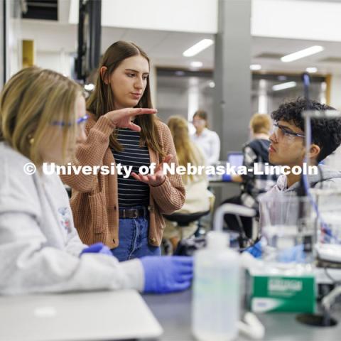 Teaching assistant Lauren Sturgell explains the day’s experiment. LIFE 120L - Fundamentals of Biology lab in Manter Hall. February 22, 2024. Photo by Craig Chandler / University Communication and Marketing.