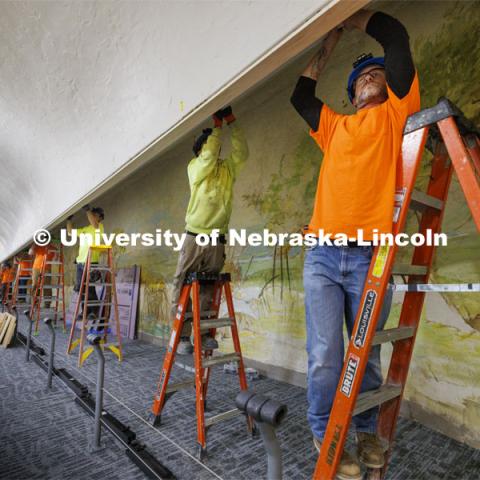 Shanahan Mechanical and Electrical workers team up to hang a lighting track in a first-floor exhibit in Morrill Hall. Workers are rushing to finish renovations to improve accessibility and better protect its exhibits and research specimens so the University of Nebraska State Museum and Mueller Planetarium can reopen to the public on March 15, 2024. March 4, 2024. Photo by Craig Chandler / University Communication and Marketing.