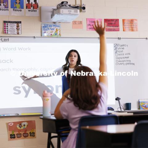 Rachel Morros student teaches fourth graders at Lincoln’s Campbell Elementary School. April 9, 2024. Photo by Craig Chandler / University Communication and Marketing.