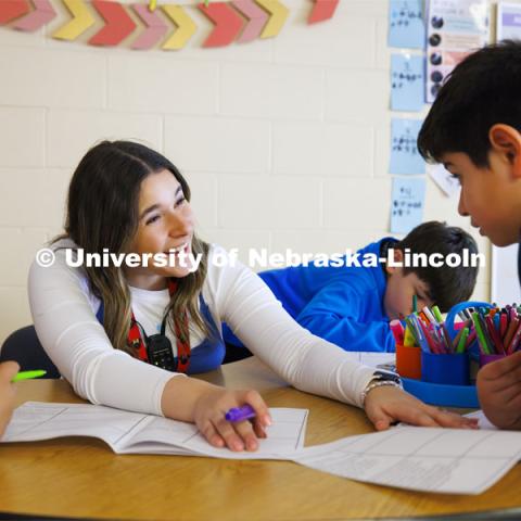 Rachel Morros student teaches fourth graders at Lincoln’s Campbell Elementary School. April 9, 2024. Photo by Craig Chandler / University Communication and Marketing.