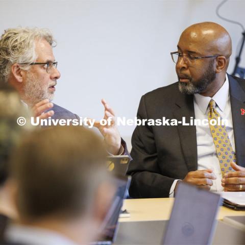 Chancellor Rodney D. Bennett, right, and Dean Andy Belser at the Hixon Lied College of Fine and Performing Arts listening session. April 12, 2024. Photo by Craig Chandler / University Communication and Marketing.