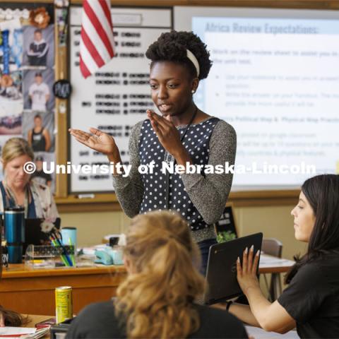 Tori Thomas, a senior secondary education major student teaches in a social studies class at Lincoln Northeast high school. April 16, 2024. Photo by Craig Chandler / University Communication and Marketing.