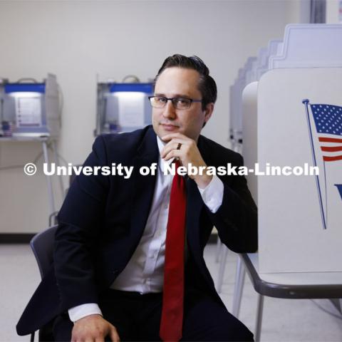 Brandon Johnson, Assistant Professor in the College of Law, researches elections. April 18, 2024. Photo by Craig Chandler / University Communication and Marketing.
