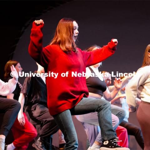 Ensemble practicing the opening number during tech week for UNL’s production of “Big Fish”. April 22, 2024. Photo by Taryn Hamill for University Communication and Marketing.