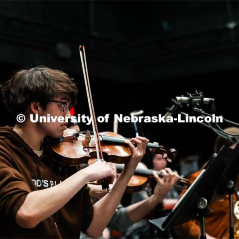 Orchestra plays the track for dress rehearsal of the UNL production “Big Fish”. April 22, 2024. Photo by Taryn Hamill for University Communication and Marketing.