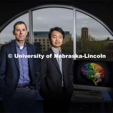 Professor Aron Barbey and graduate student Jisheng Wu are photographed in the Center for Brain, Biology and Behavior, and have published research on nutrition and the brain. April 26, 2024. Photo by Craig Chandler / University Communication and Marketing.