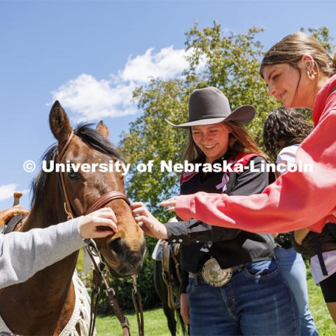 Nettie the horse has its nose scratched by Sami Lange, center, a rodeo team member, and Juliet Traver-Kazemba, left, and Maggie Gessner. The Nebraska Rodeo Team gave Huskers a chance to be up close to their horses and even go for a ride. The team filled the space northwest of the Union to help promote their Nebraska Cornhusker College Rodeo being held Friday and Saturday. April 29, 2024. Photo by Craig Chandler / University Communication and Marketing.