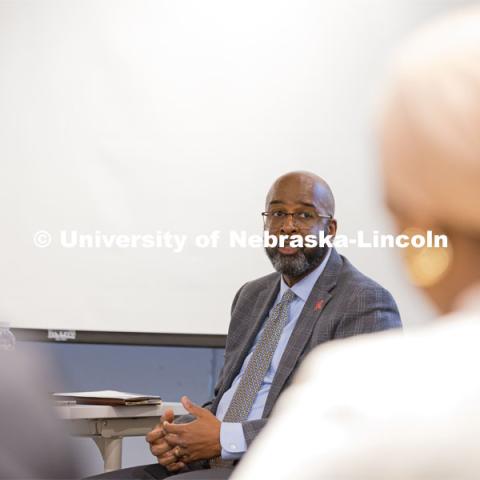 Chancellor Rodney D. Bennett talks with College of Architecture faculty and staff at the College of Architecture listening session. May 1, 2024. Photo by Kristen Labadie / University Communication.