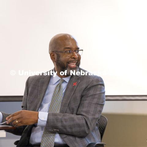 Chancellor Rodney D. Bennett talks with College of Architecture faculty and staff at the College of Architecture listening session. May 1, 2024. Photo by Kristen Labadie / University Communication.
