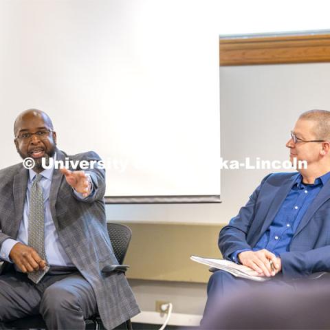 Chancellor Rodney D. Bennett, left, and Kevin Van Den Wymelenberg at the College of Architecture listening session. May 1, 2024. Photo by Kristen Labadie / University Communication.