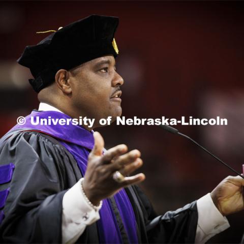 Damon O. Barry, managing partner of Ballard Spahr in Denver and a 2000 Nebraska Law graduate, was the commencement speaker. College of Law commencement in Devaney on the volleyball court. May 3, 2024. Photo by Craig Chandler / University Communication and Marketing.