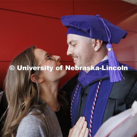 Grant Jones and his wife, Mikayla, following the ceremony. Mikayla will be a third-year Nebraska Law student in the fall. College of Law commencement in Devaney on the volleyball court. May 3, 2024. Photo by Craig Chandler / University Communication and Marketing.