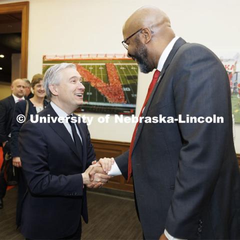 Canadian Minister Francois-Philippe Champagne talks with Chancellor Rodney D. Bennett after greeting each other. Champagne is on campus today to have a fireside chat with Jill O’Donnell of the Yeutter Institute. May 3, 2024. Photo by Craig Chandler / University Communication and Marketing.