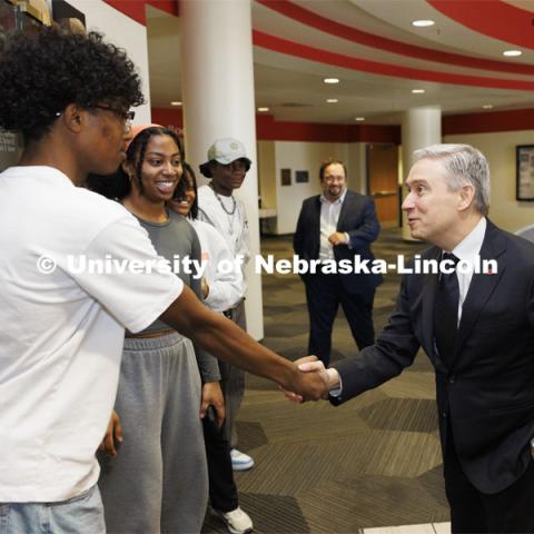 Canadian Minister Francois-Philippe Champagne greets students as he walks through the Nebraska Union. Champagne is on campus today to have a fireside chat with Jill O’Donnell of the Yeutter Institute. May 3, 2024. Photo by Craig Chandler / University Communication and Marketing.