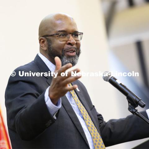 Chancellor Rodney D. Bennett addresses the crowd. The U.S. Department of Agriculture's (USDA's) Agricultural Research Service (ARS), the University of Nebraska–Lincoln (UNL), and Nebraska Innovation Campus held a groundbreaking ceremony today to launch the construction of the National Center for Resilient and Regenerative Precision Agriculture. May 6, 2024. Photo by Craig Chandler / University Communication and Marketing.