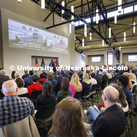 Chancellor Rodney D. Bennett addresses the crowd. The U.S. Department of Agriculture's (USDA's) Agricultural Research Service (ARS), the University of Nebraska–Lincoln (UNL), and Nebraska Innovation Campus held a groundbreaking ceremony today to launch the construction of the National Center for Resilient and Regenerative Precision Agriculture. May 6, 2024. Photo by Craig Chandler / University Communication and Marketing.