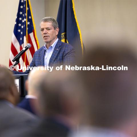 Governor Jim Pillen speaks to the gathering. The U.S. Department of Agriculture's (USDA's) Agricultural Research Service (ARS), the University of Nebraska–Lincoln (UNL), and Nebraska Innovation Campus held a groundbreaking ceremony today to launch the construction of the National Center for Resilient and Regenerative Precision Agriculture. May 6, 2024. Photo by Craig Chandler / University Communication and Marketing.