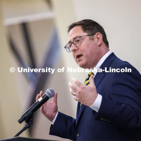 U. S. Rep. Mike Flood addresses the crowd. The U.S. Department of Agriculture's (USDA's) Agricultural Research Service (ARS), the University of Nebraska–Lincoln (UNL), and Nebraska Innovation Campus held a groundbreaking ceremony today to launch the construction of the National Center for Resilient and Regenerative Precision Agriculture. May 6, 2024. Photo by Craig Chandler / University Communication and Marketing.