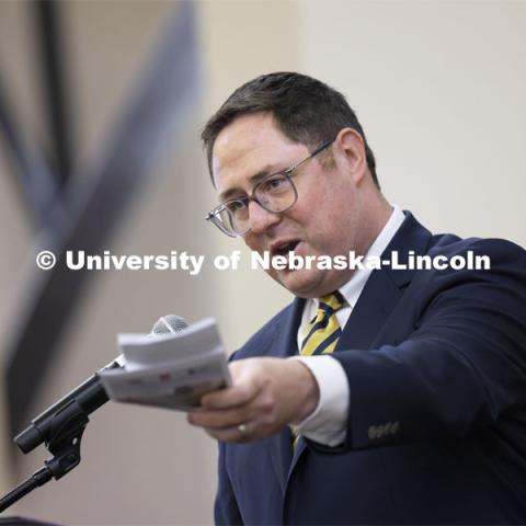 U. S. Rep. Mike Flood addresses the crowd. The U.S. Department of Agriculture's (USDA's) Agricultural Research Service (ARS), the University of Nebraska–Lincoln (UNL), and Nebraska Innovation Campus held a groundbreaking ceremony today to launch the construction of the National Center for Resilient and Regenerative Precision Agriculture. May 6, 2024. Photo by Craig Chandler / University Communication and Marketing.