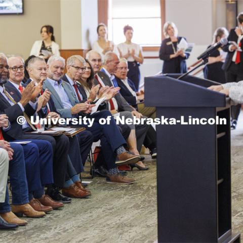 Dignitaries applaud Senator Deb Fischer’s remarks. The U.S. Department of Agriculture's (USDA's) Agricultural Research Service (ARS), the University of Nebraska–Lincoln (UNL), and Nebraska Innovation Campus held a groundbreaking ceremony today to launch the construction of the National Center for Resilient and Regenerative Precision Agriculture. May 6, 2024. Photo by Craig Chandler / University Communication and Marketing.