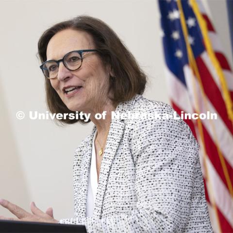 U. S. Senator Deb Fischer addresses the crowd. The U.S. Department of Agriculture's (USDA's) Agricultural Research Service (ARS), the University of Nebraska–Lincoln (UNL), and Nebraska Innovation Campus held a groundbreaking ceremony today to launch the construction of the National Center for Resilient and Regenerative Precision Agriculture. May 6, 2024. Photo by Craig Chandler / University Communication and Marketing.