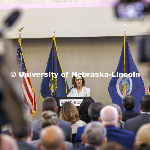 U. S. Senator Deb Fischer addresses the crowd. The U.S. Department of Agriculture's (USDA's) Agricultural Research Service (ARS), the University of Nebraska–Lincoln (UNL), and Nebraska Innovation Campus held a groundbreaking ceremony today to launch the construction of the National Center for Resilient and Regenerative Precision Agriculture. May 6, 2024. Photo by Craig Chandler / University Communication and Marketing.