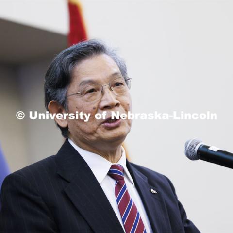USDA ARS Administrator Simon Liu speaks to the crowd. The U.S. Department of Agriculture's (USDA's) Agricultural Research Service (ARS), the University of Nebraska–Lincoln (UNL), and Nebraska Innovation Campus held a groundbreaking ceremony today to launch the construction of the National Center for Resilient and Regenerative Precision Agriculture. May 6, 2024. Photo by Craig Chandler / University Communication and Marketing.