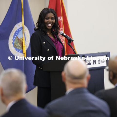 USDA Under Secretary Chavonda Jacobs-Young delivers the keynote address. The U.S. Department of Agriculture's (USDA's) Agricultural Research Service (ARS), the University of Nebraska–Lincoln (UNL), and Nebraska Innovation Campus held a groundbreaking ceremony today to launch the construction of the National Center for Resilient and Regenerative Precision Agriculture. May 6, 2024. Photo by Craig Chandler / University Communication and Marketing.