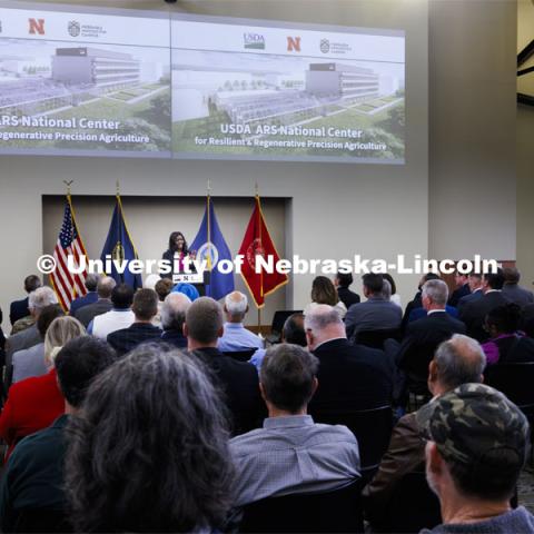 USDA Under Secretary Chavonda Jacobs-Young delivers the keynote address. The U.S. Department of Agriculture's (USDA's) Agricultural Research Service (ARS), the University of Nebraska–Lincoln (UNL), and Nebraska Innovation Campus held a groundbreaking ceremony today to launch the construction of the National Center for Resilient and Regenerative Precision Agriculture. May 6, 2024. Photo by Craig Chandler / University Communication and Marketing.