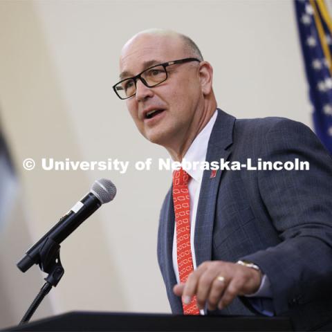 University of Nebraska Vice President for Ag and Natural Resources Mike Boehm speaks to the crowd. The U.S. Department of Agriculture's (USDA's) Agricultural Research Service (ARS), the University of Nebraska–Lincoln (UNL), and Nebraska Innovation Campus held a groundbreaking ceremony today to launch the construction of the National Center for Resilient and Regenerative Precision Agriculture. May 6, 2024. Photo by Craig Chandler / University Communication and Marketing.