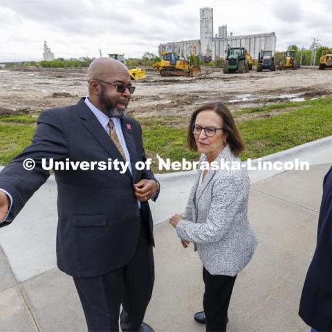 Chancellor Rodney D. Bennett and U. S. Senator Deb Fischer talk about the Nebraska Innovation Campus following the groundbreaking. The U.S. Department of Agriculture's (USDA's) Agricultural Research Service (ARS), the University of Nebraska–Lincoln (UNL), and Nebraska Innovation Campus held a groundbreaking ceremony today to launch the construction of the National Center for Resilient and Regenerative Precision Agriculture. May 6, 2024. Photo by Craig Chandler / University Communication and Marketing.