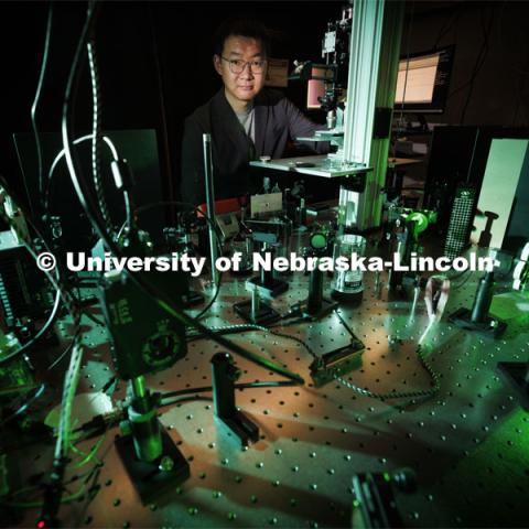 Yinsheng Guo, assistant professor of chemistry, has received a National Science Foundation CAREER award for his research into metal halide perovskites. May 9, 2024. Photo by Craig Chandler / University Communication and Marketing.