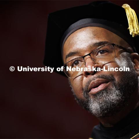 Chancellor Rodney D. Bennett welcomes everyone to the ceremony. Graduate Commencement. May 17, 2024. Photo by Craig Chandler / University Communication and Marketing.