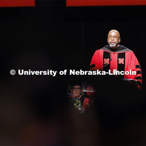 Chancellor Rodney D. Bennett welcomes everyone to the ceremony. Graduate Commencement. May 17, 2024. Photo by Craig Chandler / University Communication and Marketing.