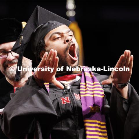 One grad whoops it up at Graduate Commencement. May 17, 2024. Photo by Craig Chandler / University Communication and Marketing.