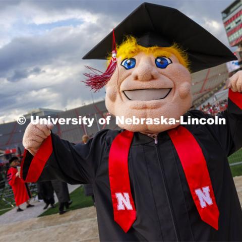 Herbie Husker in his graduation regalia flexes at undergraduate commencement in Memorial Stadium. May 18, 2024. Photo by Craig Chandler / University Communication and Marketing.