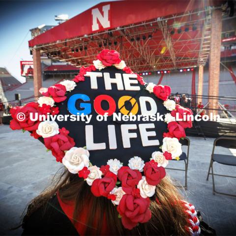 Emma Mirnic’s mortar board reads, The Good Life. Undergraduate Commencement in Memorial Stadium. May 18, 2024. Photo by Craig Chandler / University Communication and Marketing.