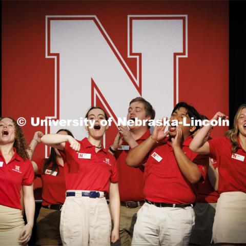 The NSE Orientation Leaders yell “Go Big Red” as they performed their welcome and closing sessions to the summer academic advisors attending a luncheon. New Student Enrollment. May 23, 2024. Photo by Craig Chandler / University Communication and Marketing.